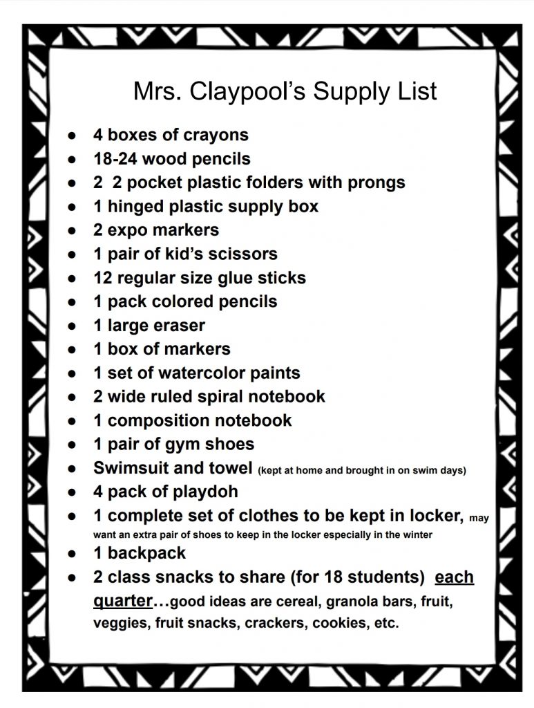 Kindergarden Supply List